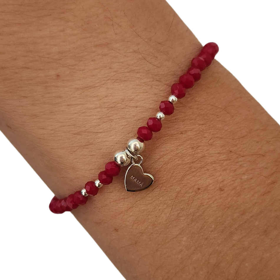 Pulsera roja con corazón mamá, plata 925
