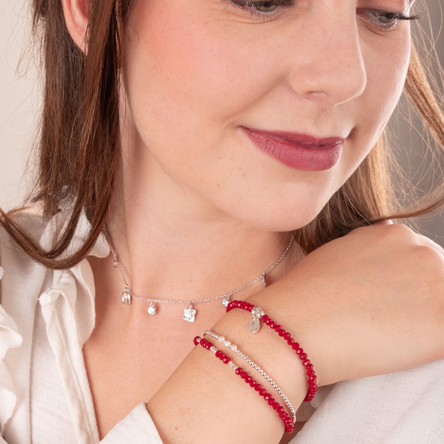 Collar Dijes de Cubo y Cristales, Plata 925