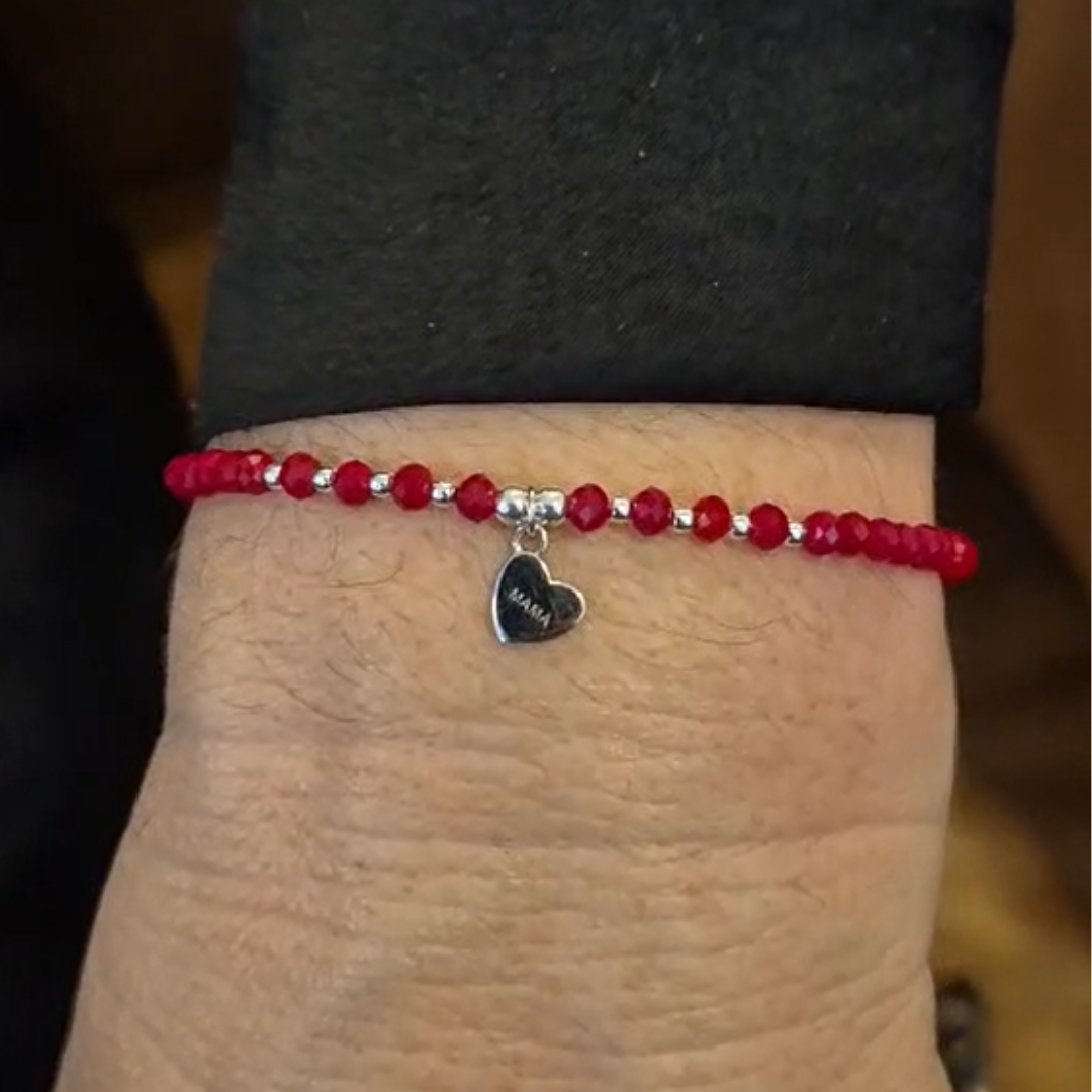 Pulsera roja con corazón mamá, plata 925