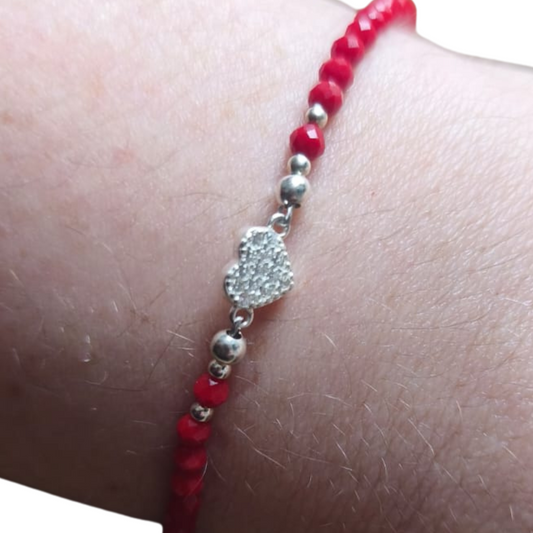 Pulsera roja Corazón Brillante, plata 925